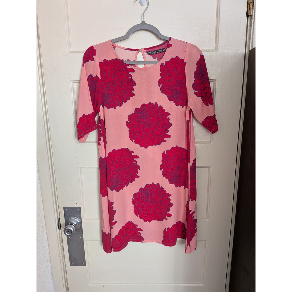 Mister Zimi The Lotus Tina Dress Pink Red Floral Viscose Shift Mini Dress Size 8